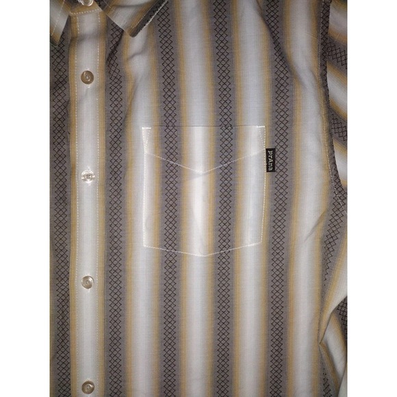 PrAna Mens Short Sleeve Button Up Brown White Stripe Shirt Large - Picture 4 of 6